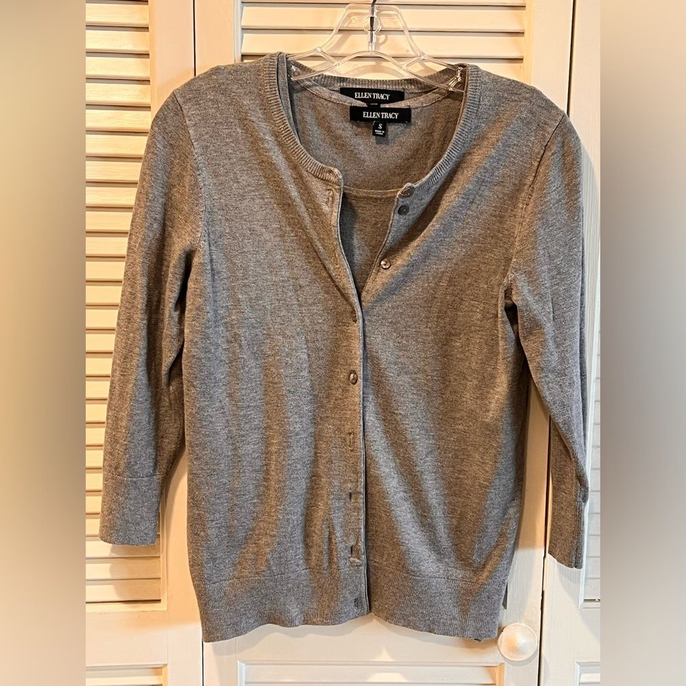 Ellen Tracy Gray Women's 2pc Cardigan Sweater Set S minimalist